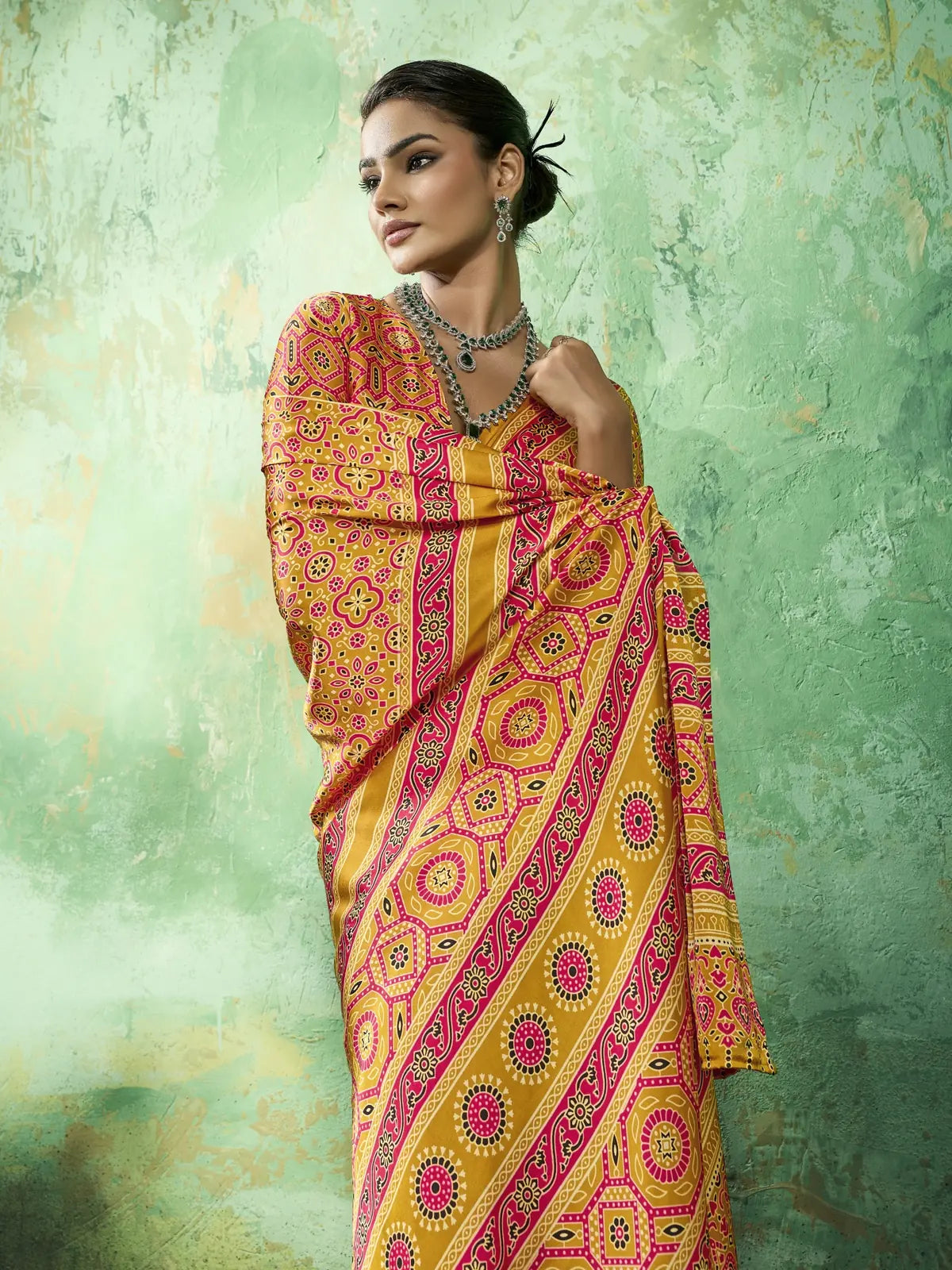 Tarani modal satin saree pallu view with intricate Ajrakh print and rich detailing