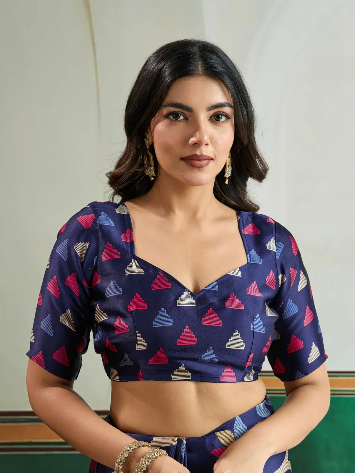 Tarani navy blue Ajrakh blouse with geometric temple print in multicolor – front close-up
