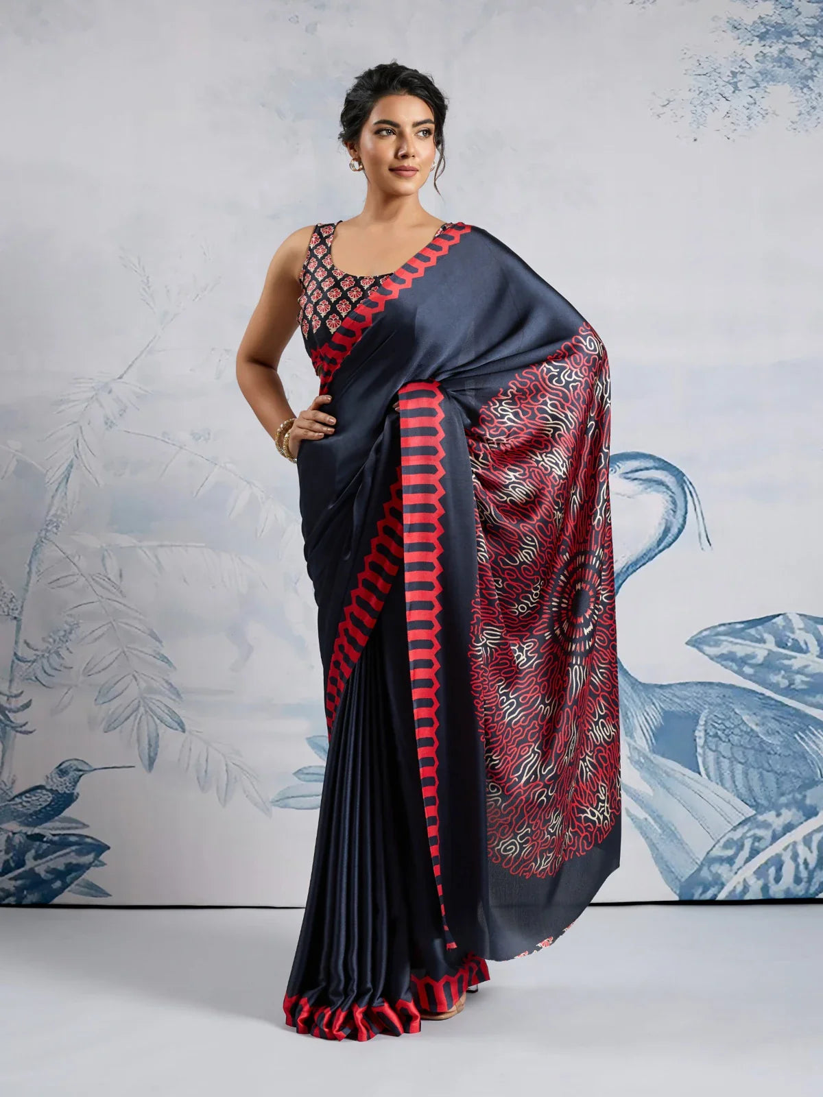Tarani modal satin navy blue saree with red ajrakh print and designer blouse full view