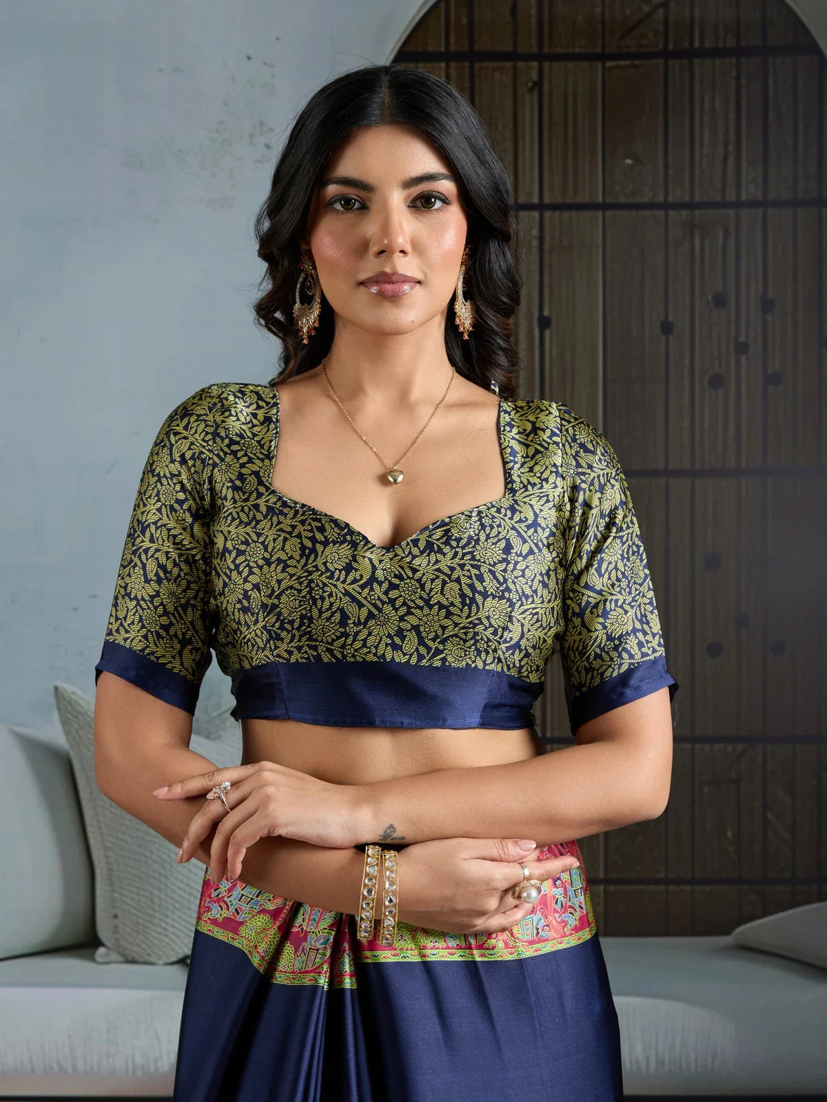 Tarani navy blue Ajrakh saree with elegant blouse in close upper body view