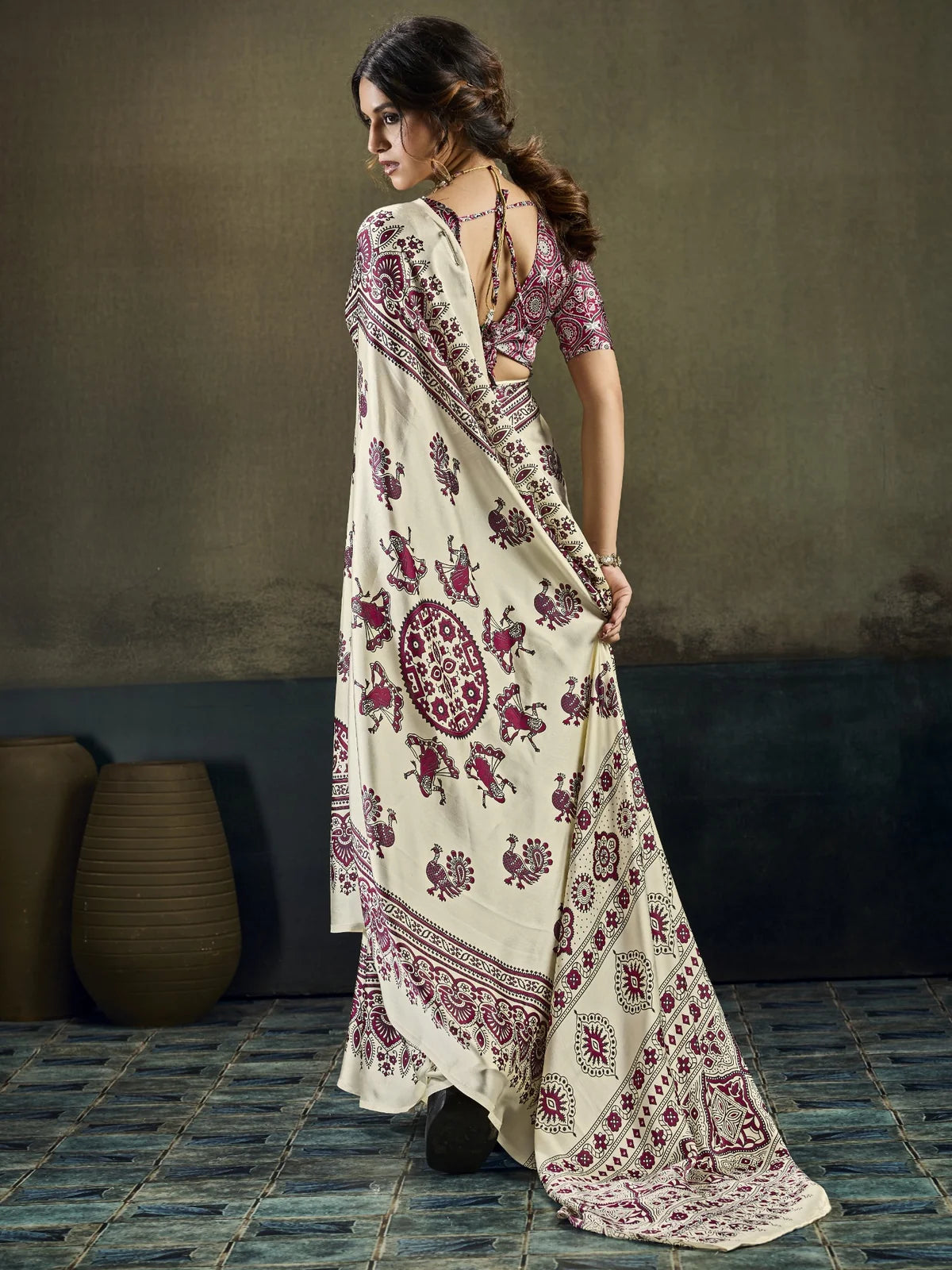 Tarani off white Modal Satin Ajrakh Print saree back view with blouse pattern