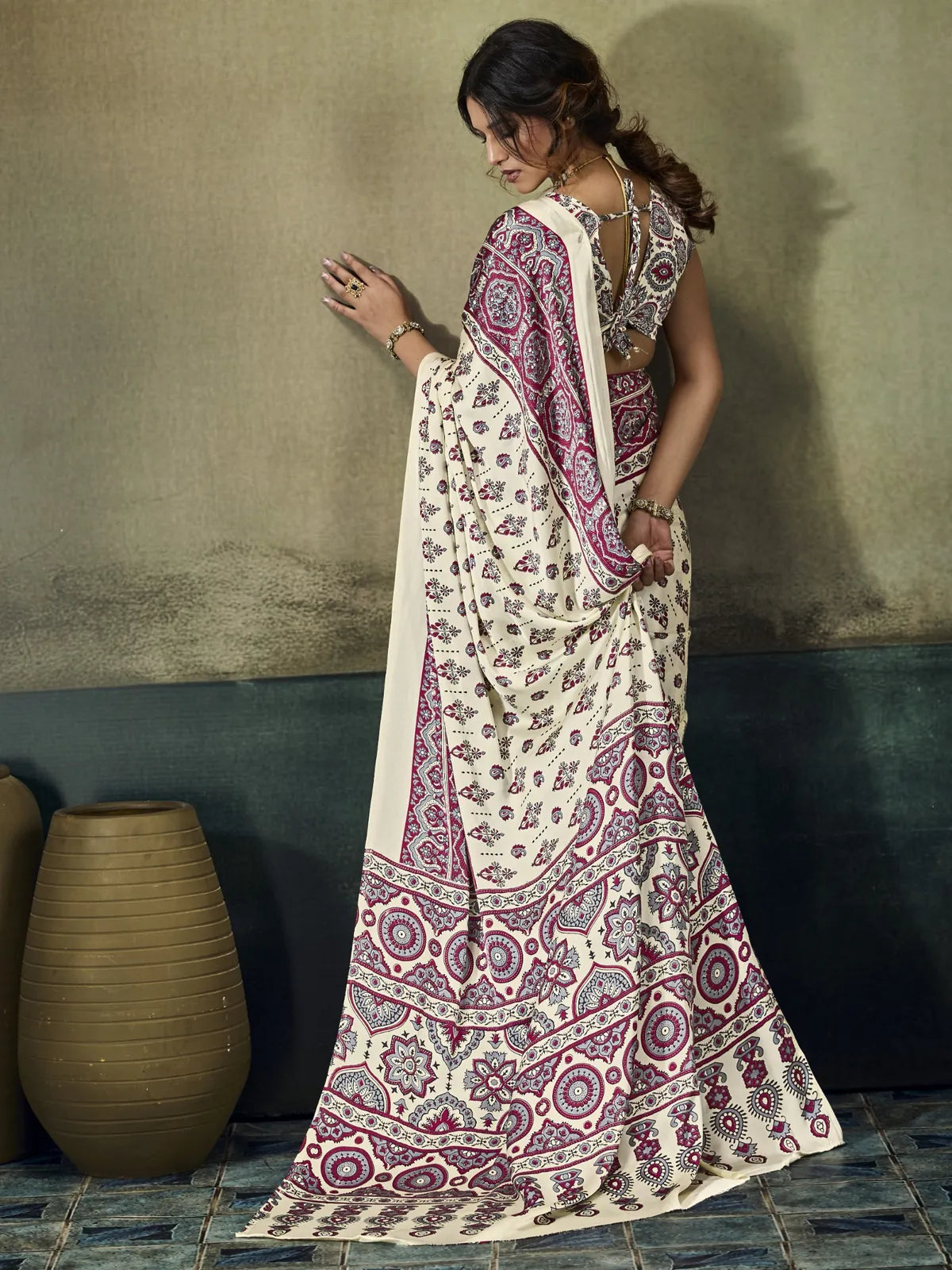 Tarani Modal Satin Ajrakh print saree back view showing blouse design