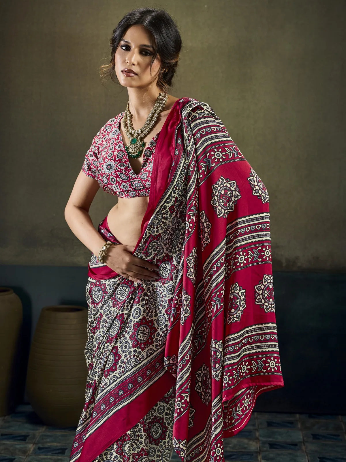 Tarani off white modal satin Ajrakh print saree front drape view