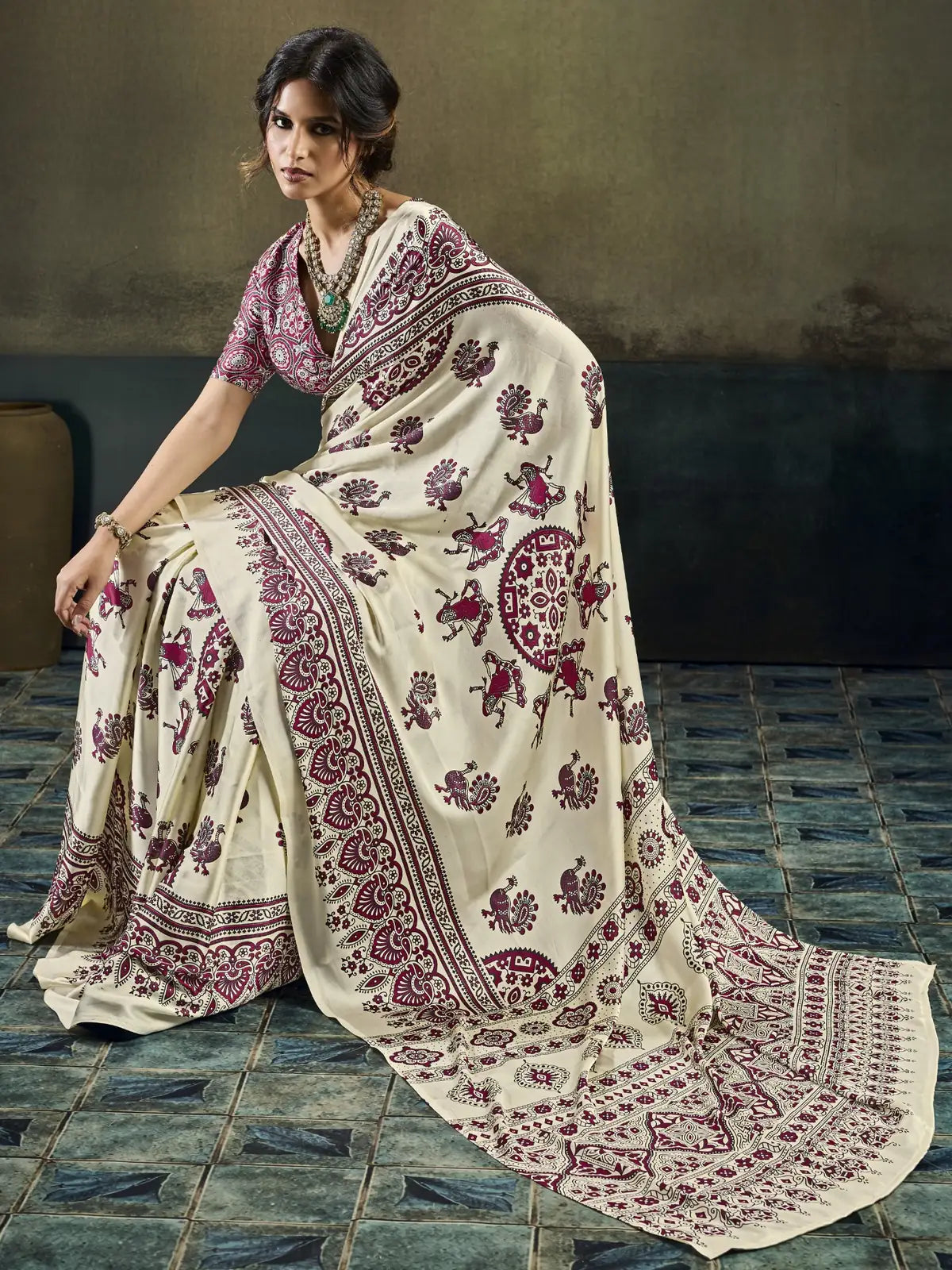 Tarani off white Modal Satin Ajrakh Print saree pallu view with intricate printed border