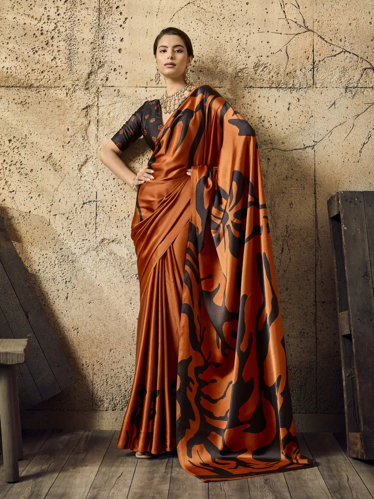 Tarani orange modal satin Ajrakh print saree full view with stylish printed blouse