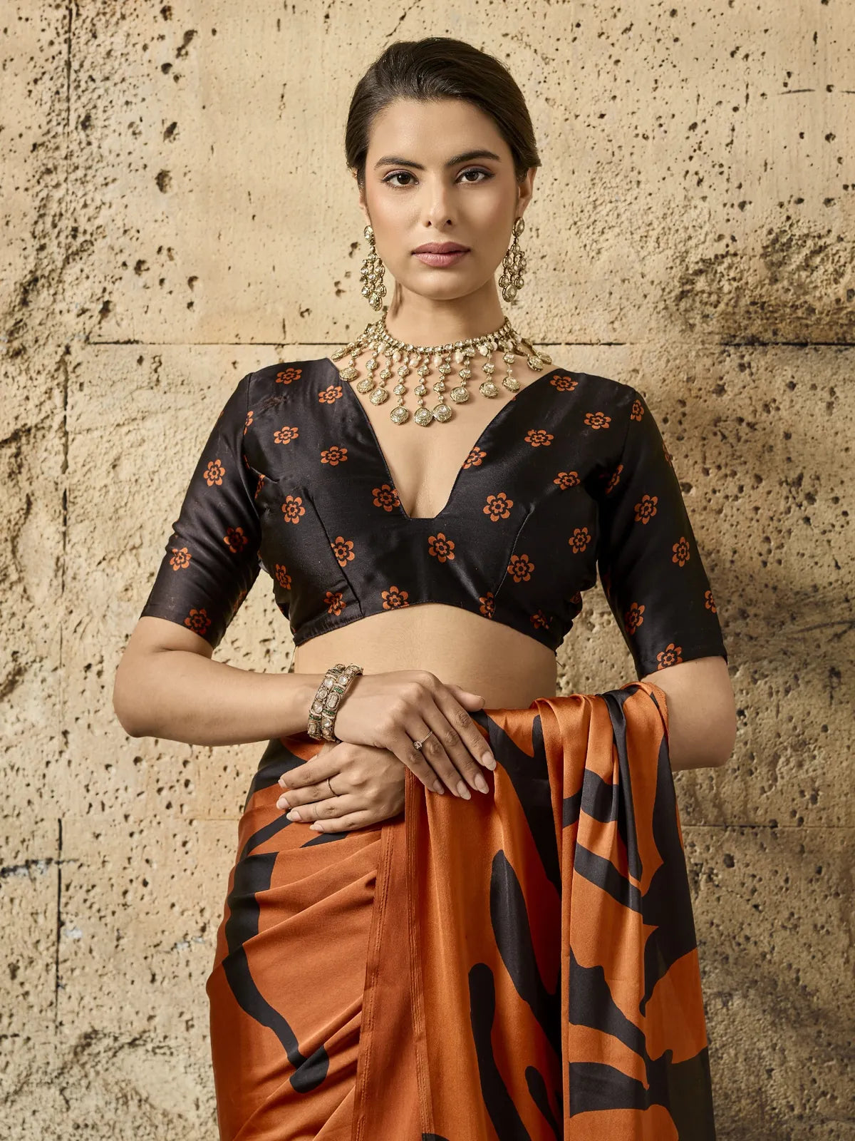 Tarani orange modal satin Ajrakh saree upper body view with printed blouse design