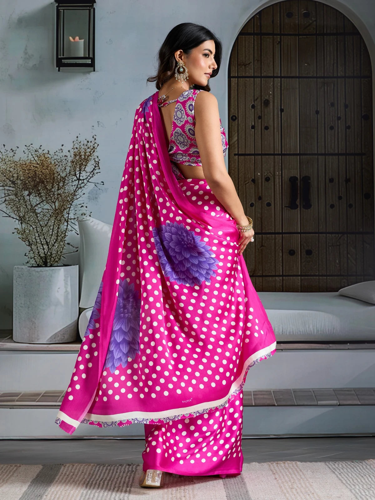 Tarani pink modal satin Ajrakh saree back view with floral pallu and designer blouse