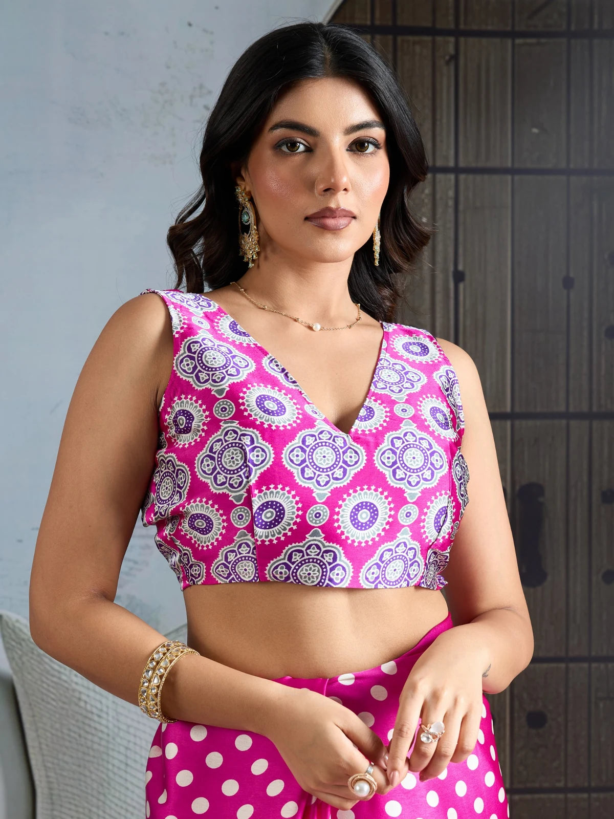 Tarani pink modal satin Ajrakh print blouse design saree close blouse view for festive wear