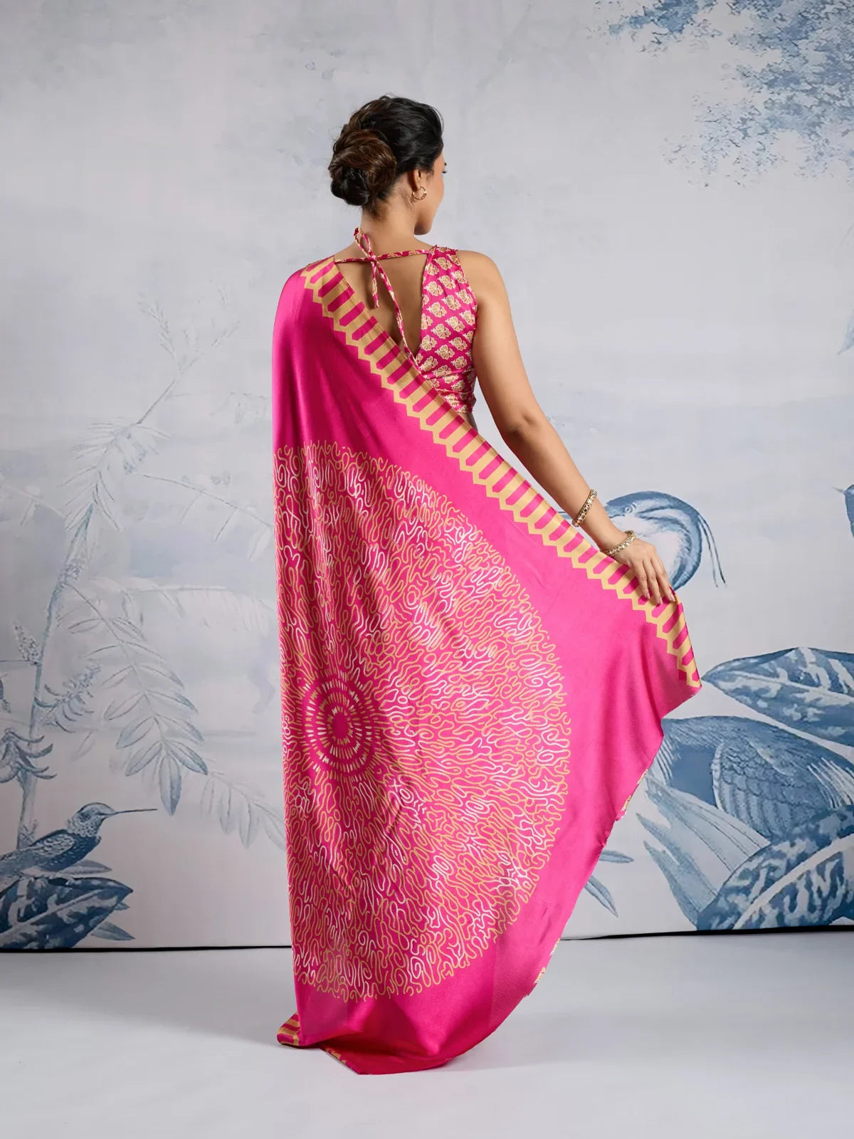 Tarani modal satin pink saree blouse view with designer blouse and golden Ajrakh print