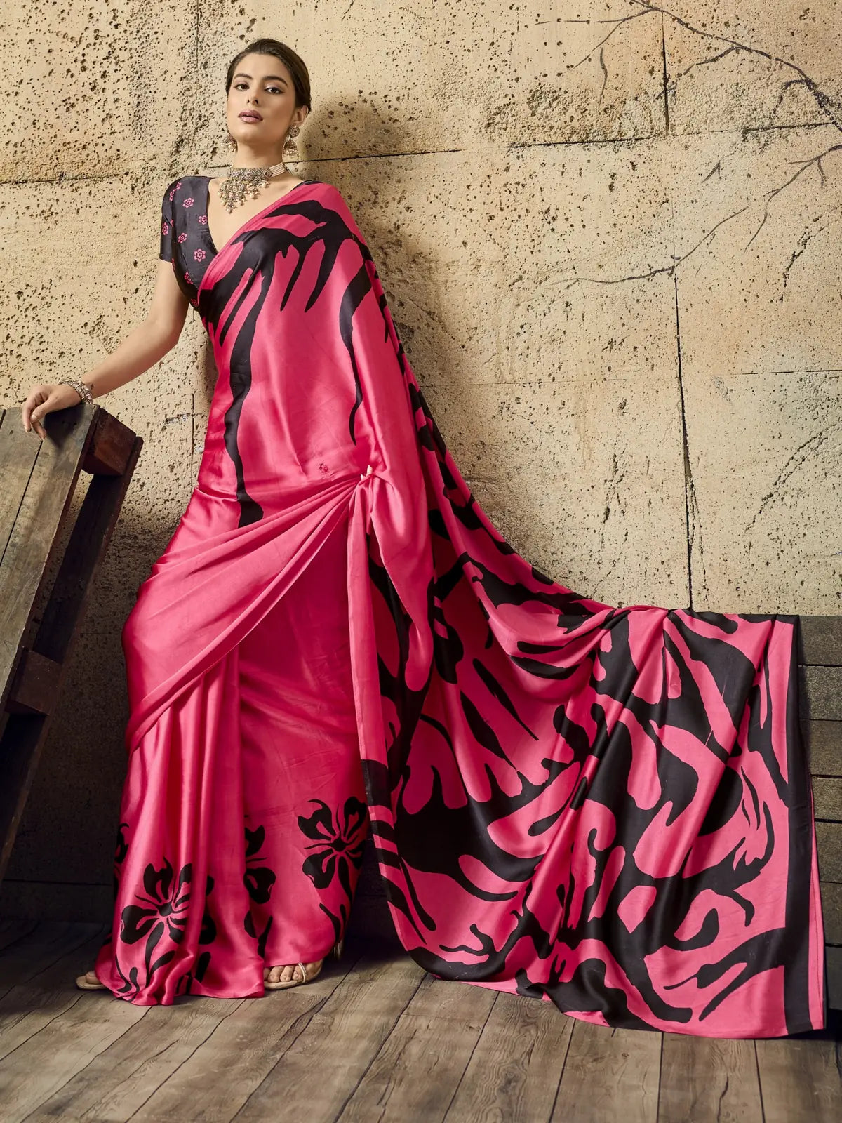 Tarani pink modal satin saree front view with bold black ajrakh inspired print