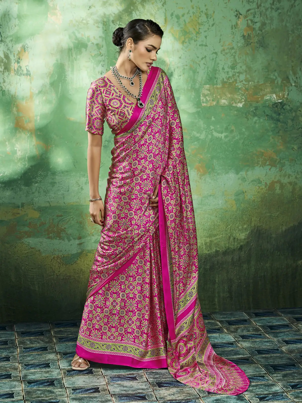 Tarani pink modal satin Ajrakh print saree full view with matching blouse for casual and carnival wear