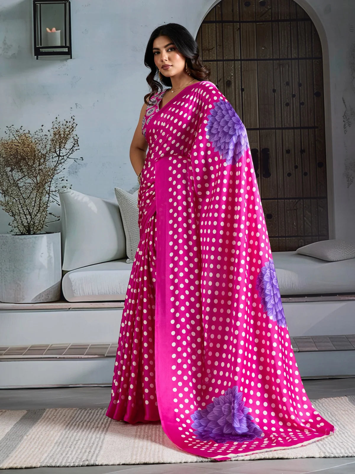 Tarani pink Ajrakh print saree with floral pallu elegant side pose for festive celebrations