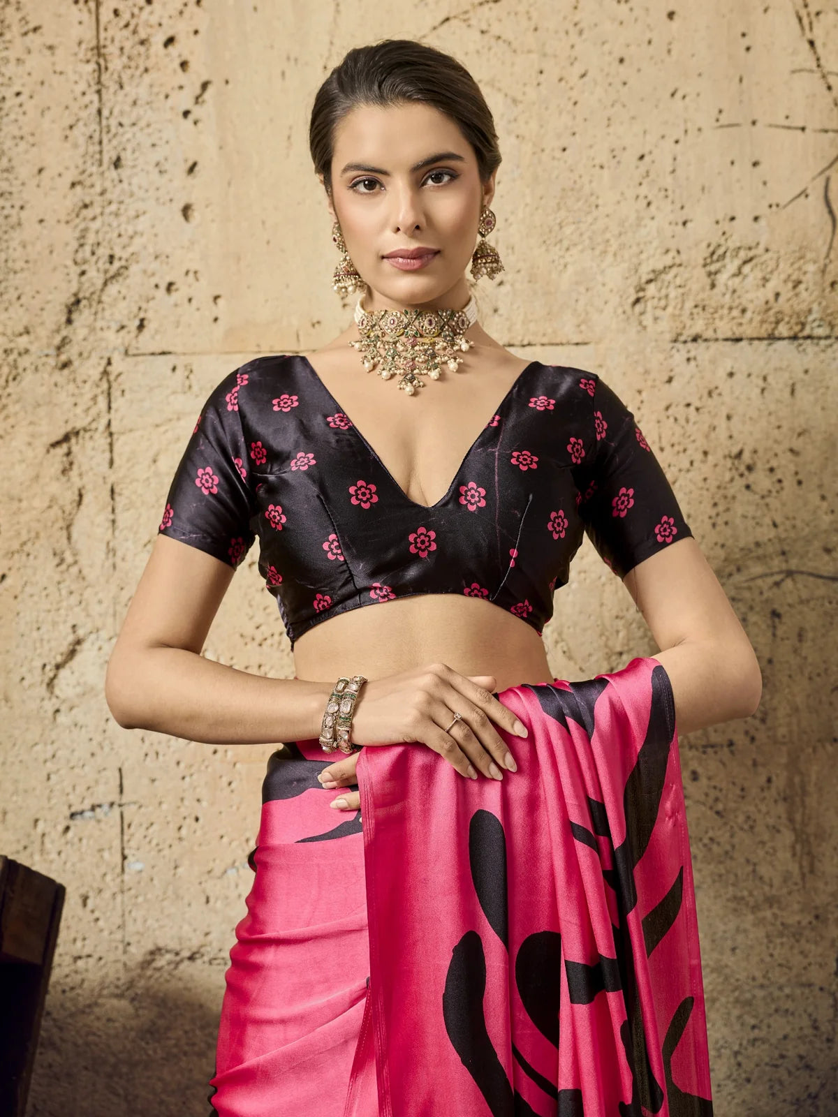 Tarani pink modal satin saree upper body view with ajrakh print blouse design