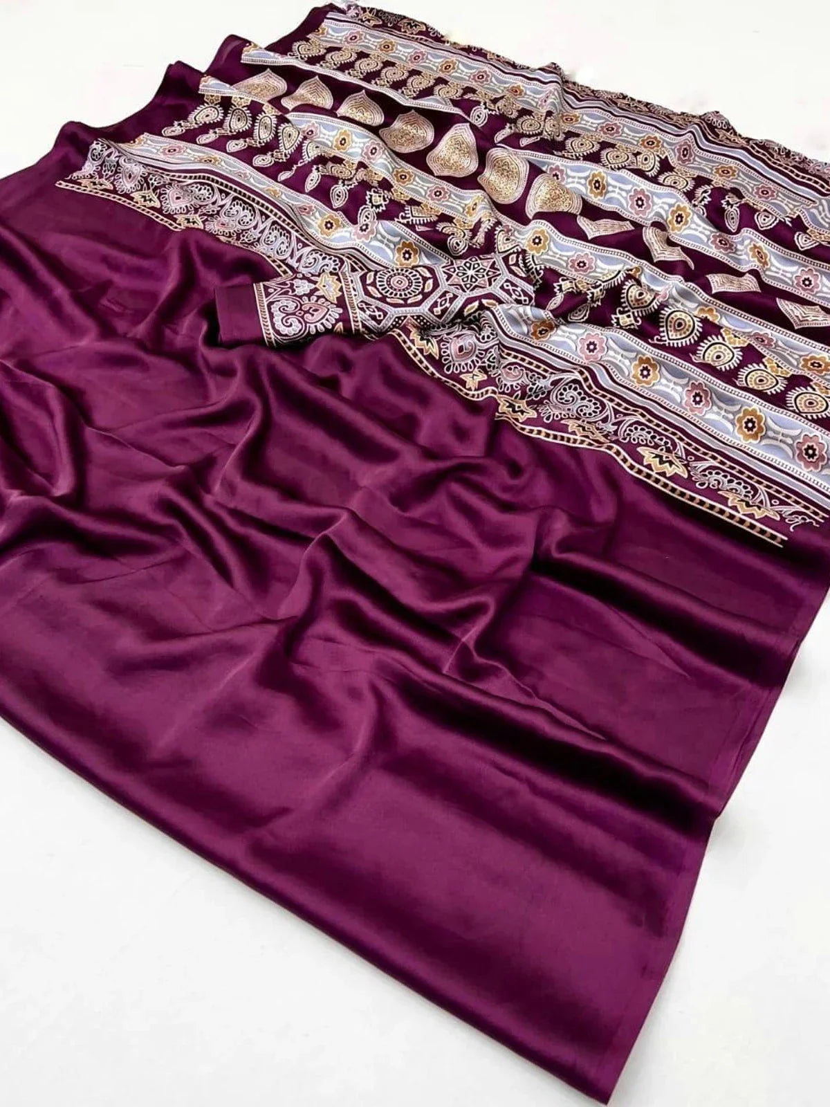 Tarani modal satin purple saree close-up showing fine Ajrakh detailing and soft texture
