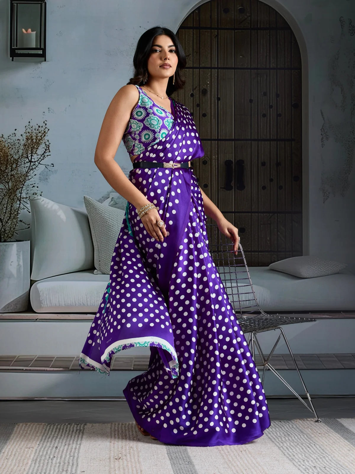 Tarani designer purple modal satin saree front view with stylish Ajrakh blouse