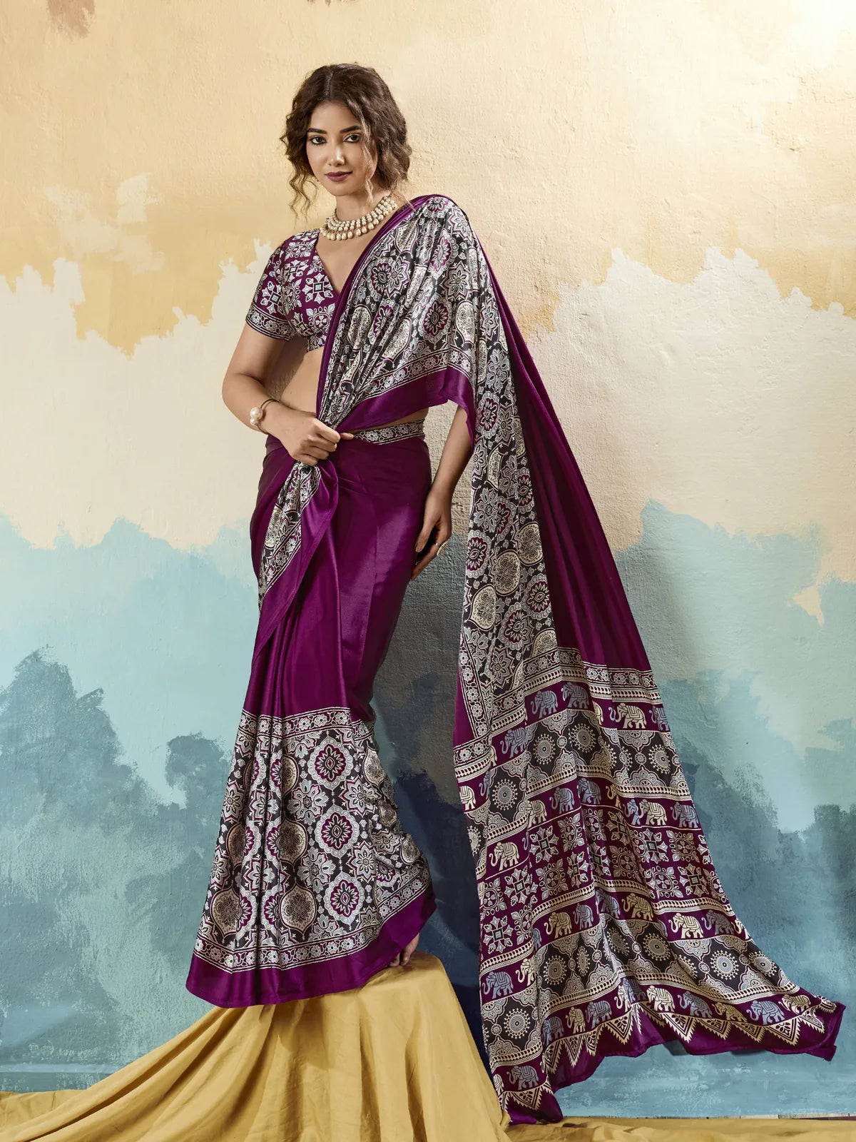 Tarani purple modal satin Ajrakh print saree front view with traditional printed pallu