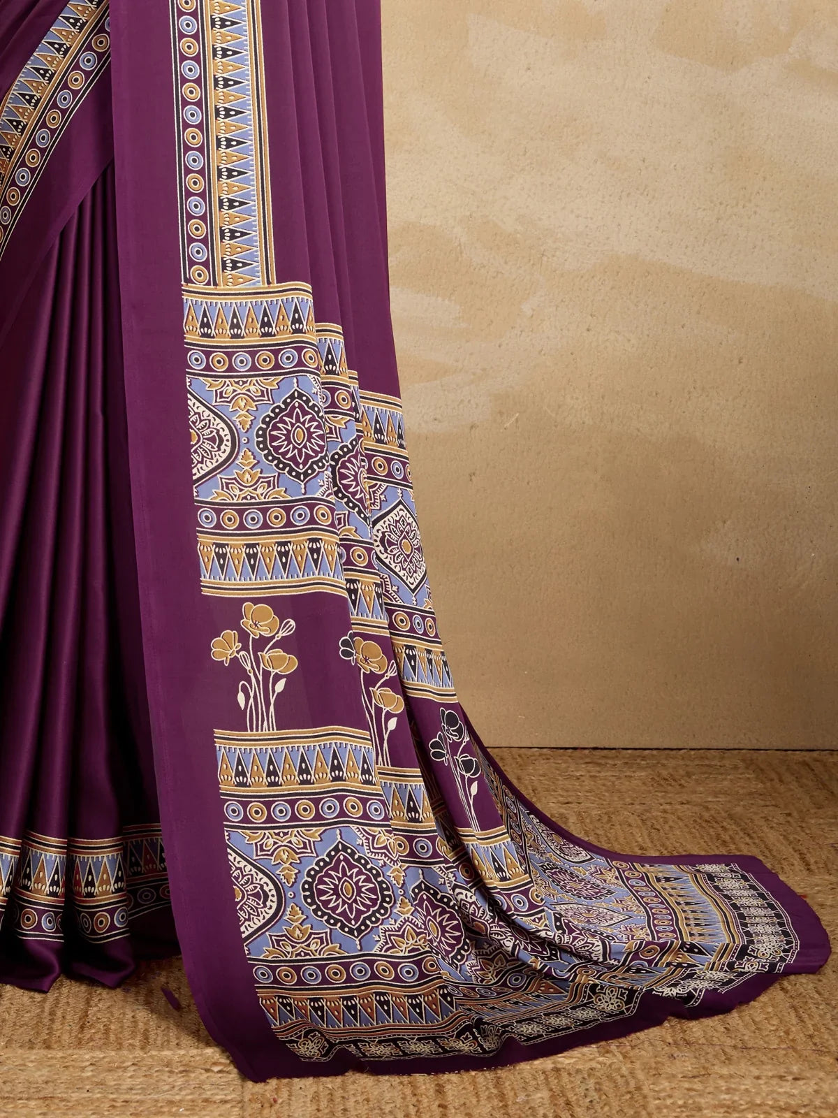 Tarani modal satin saree pallu with intricate Ajrakh block motifs and floral border