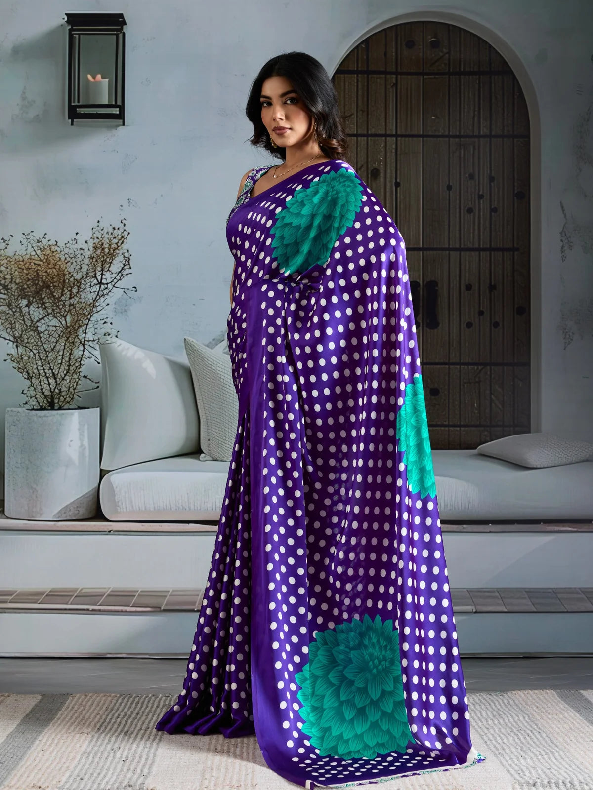 Tarani purple Ajrakh print modal satin saree side view for festive occasions