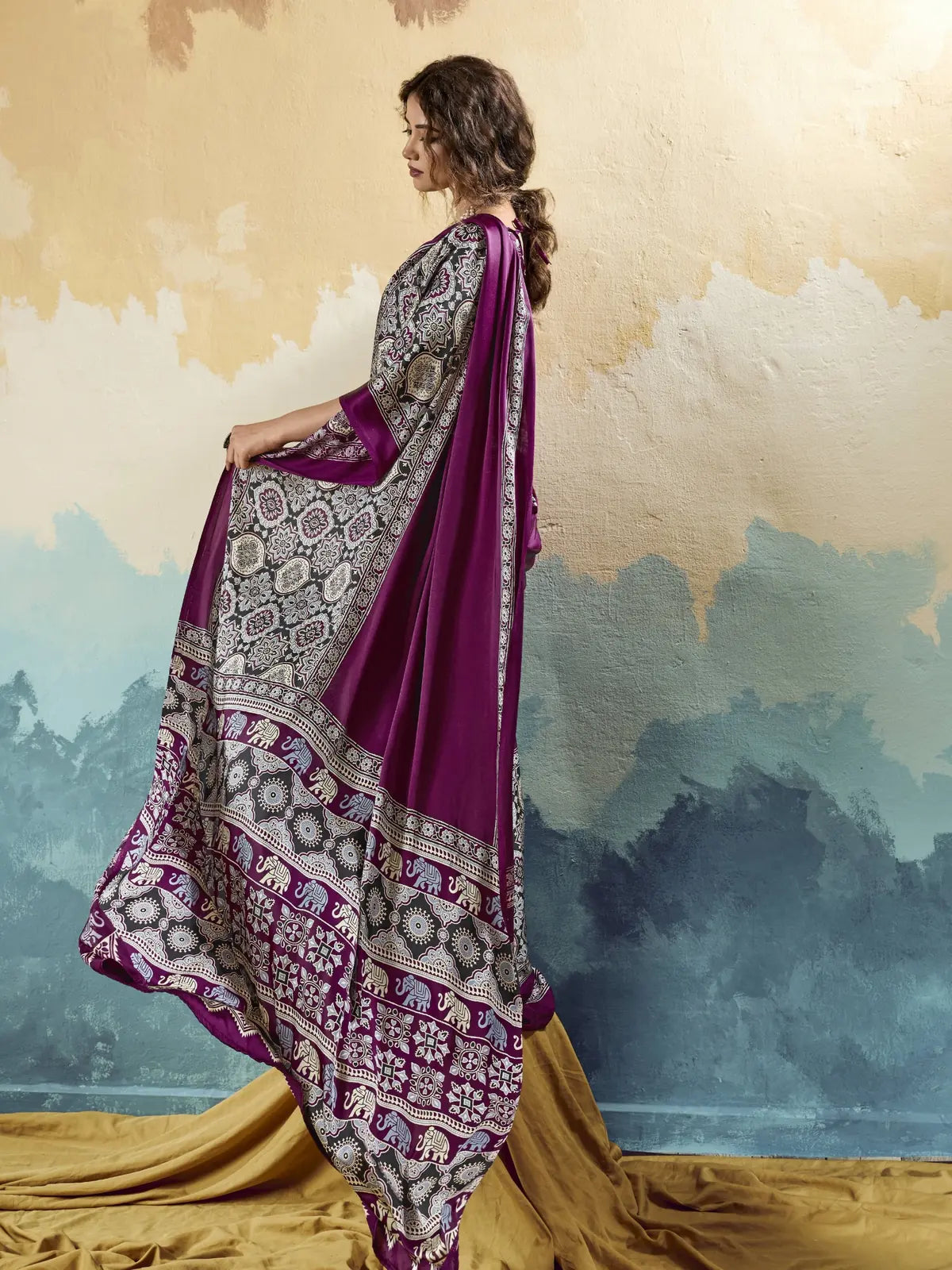 Tarani purple modal satin Ajrakh print saree side view with flowing ethnic drape