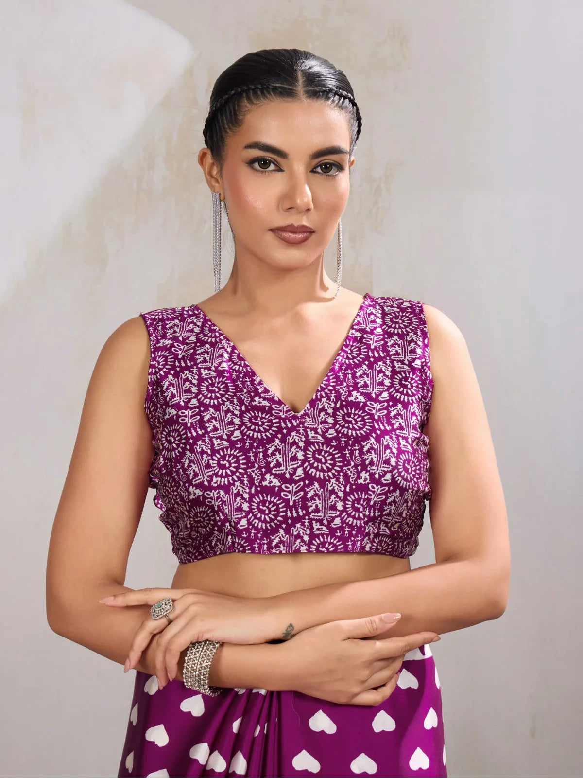 Tarani upper body view showing purple blouse with intricate white Ajrakh print and soft satin texture