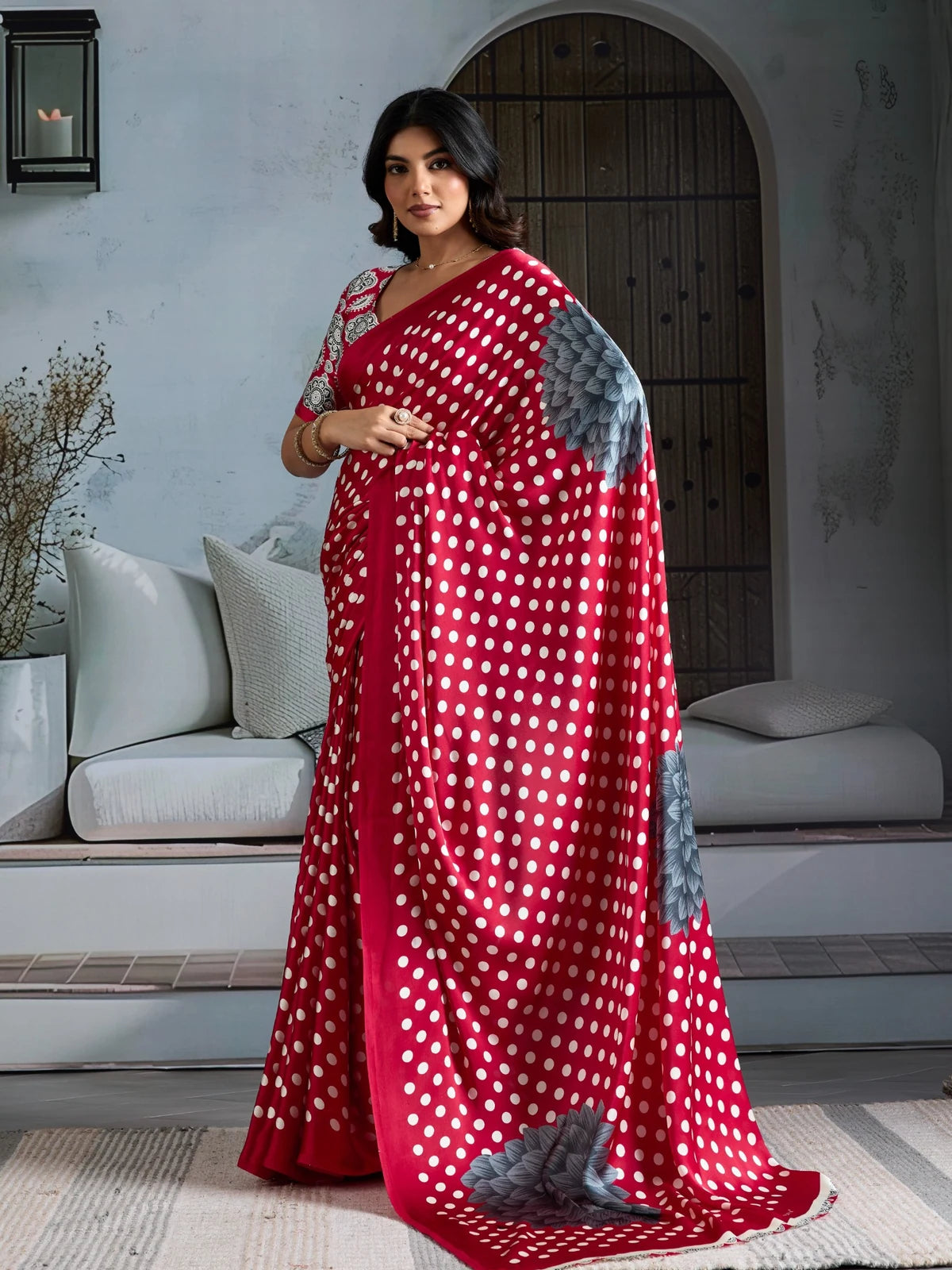 Tarani red modal satin Ajrakh print saree front drape full length festive look