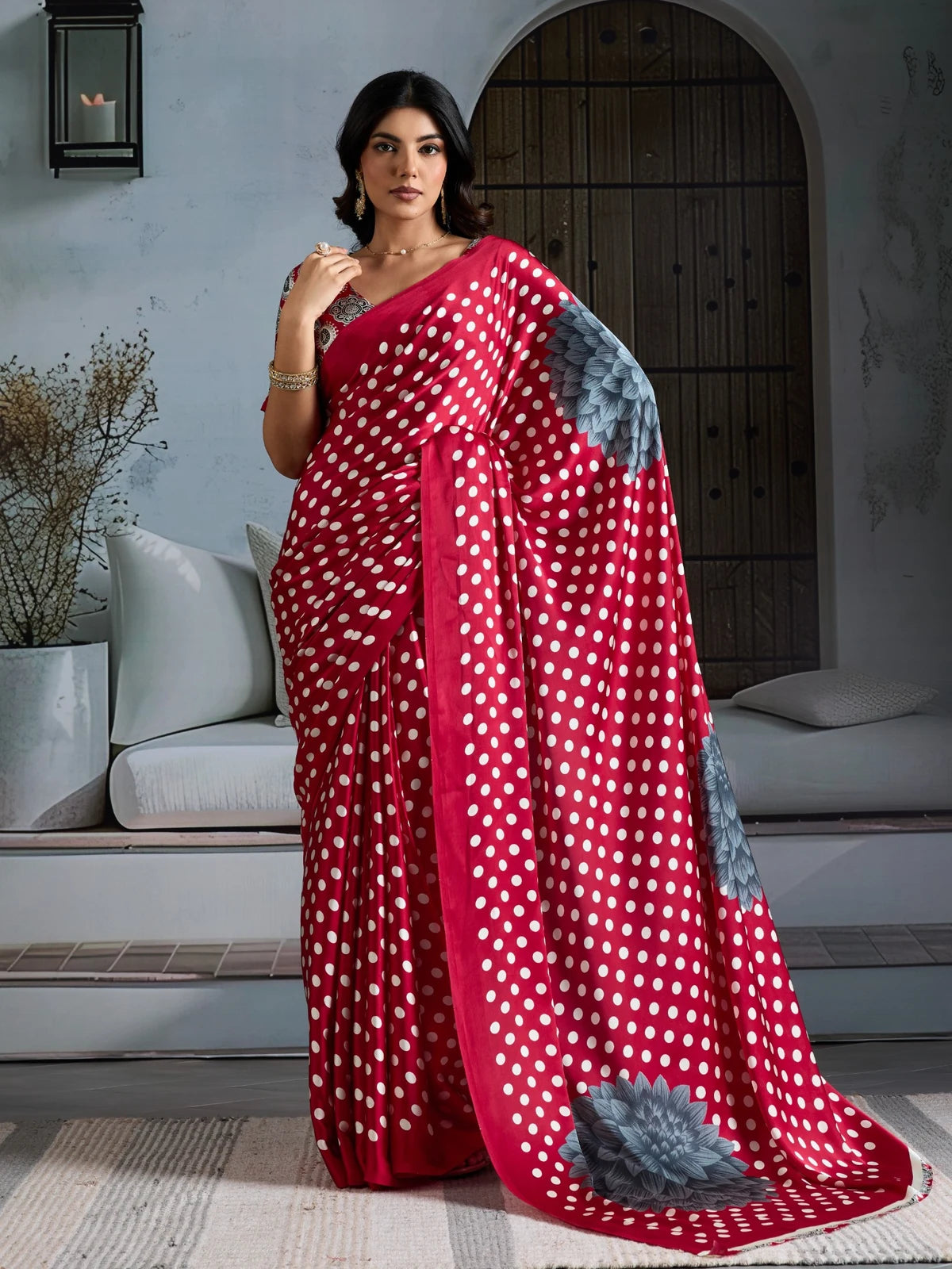 Tarani red modal satin Ajrakh print saree with polka dots and floral pallu full front view