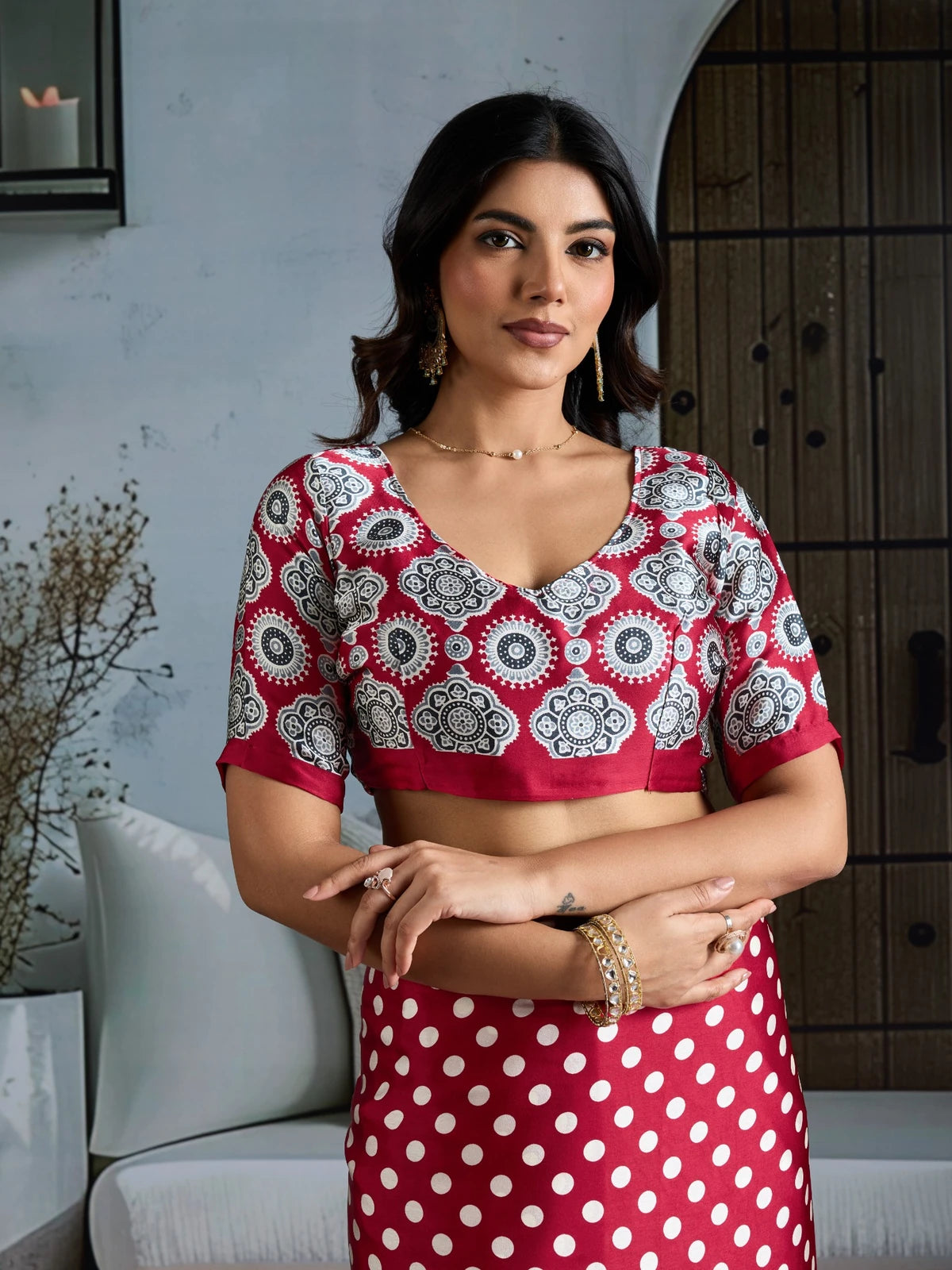 Tarani red modal satin Ajrakh print saree blouse design upper body portrait view