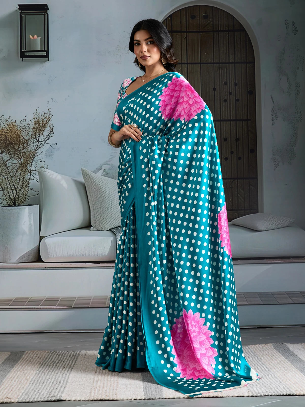 Tarani teal modal satin saree side drape view with floral border