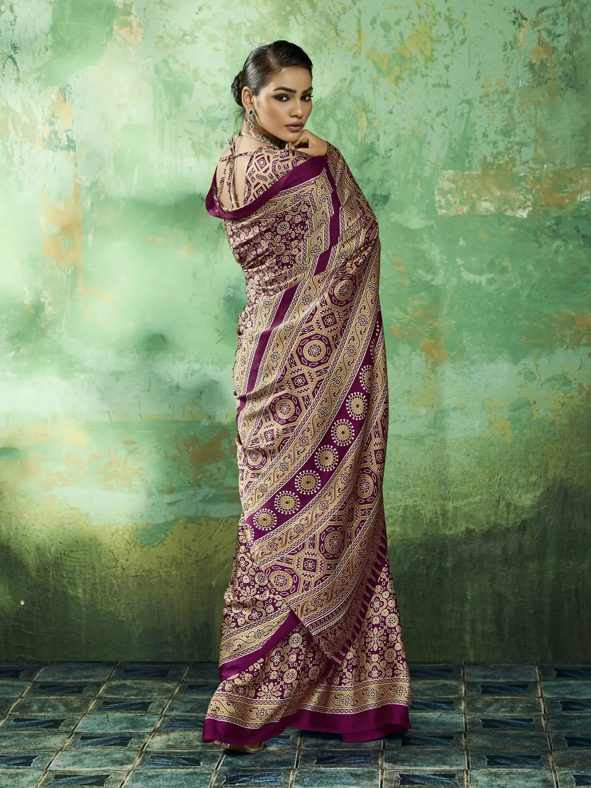 Tarani wine Ajrakh printed saree back view with rich pallu and designer blouse pattern
