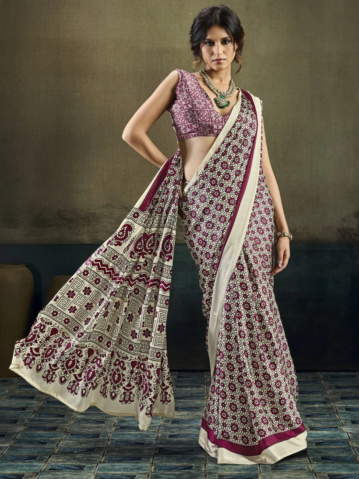 Tarani wine modal satin Ajrakh print saree front-view with printed blouse Sanketa