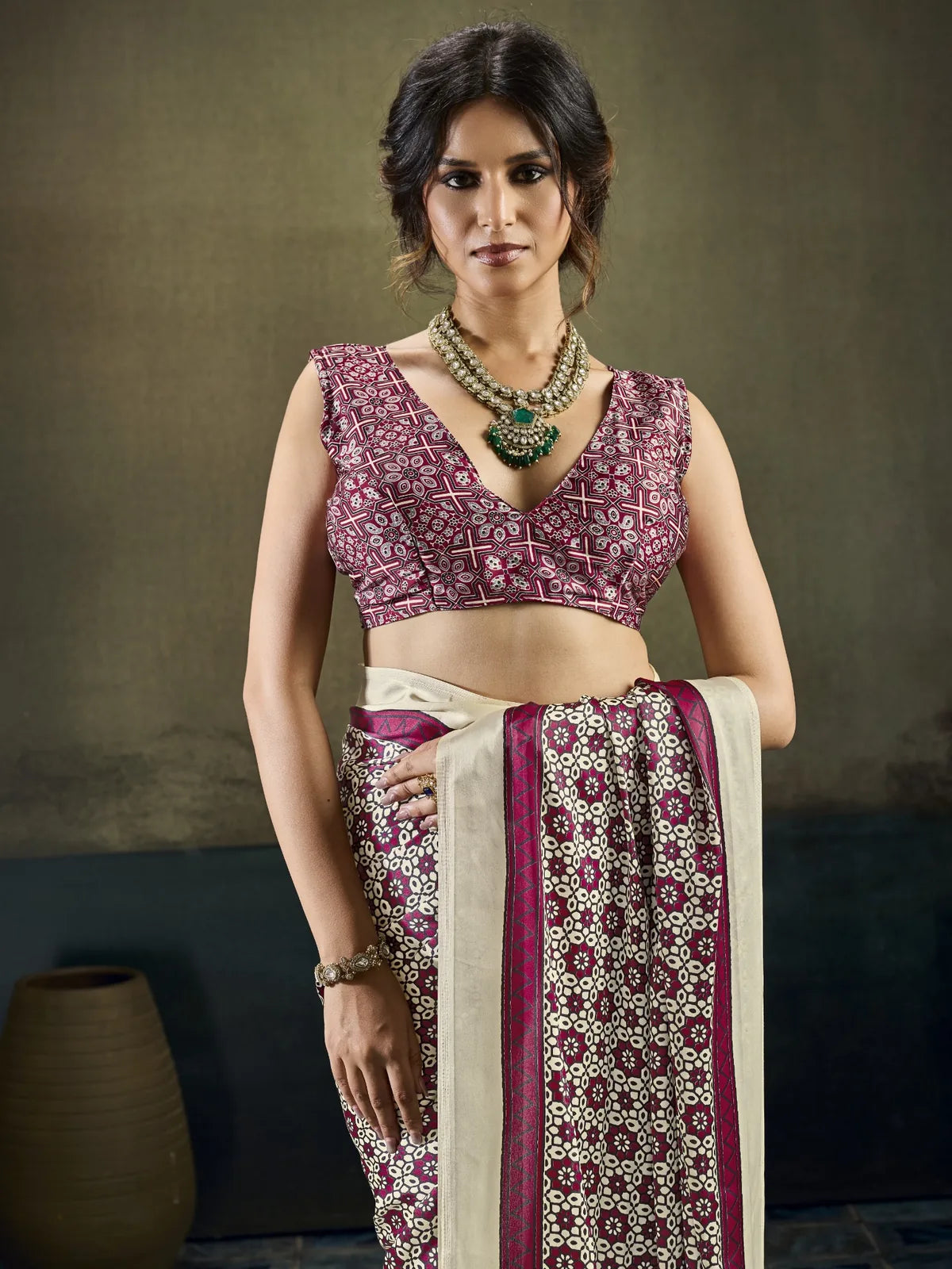 Tarani wine modal satin Ajrakh print saree upper-body-view with printed blouse Sanketa