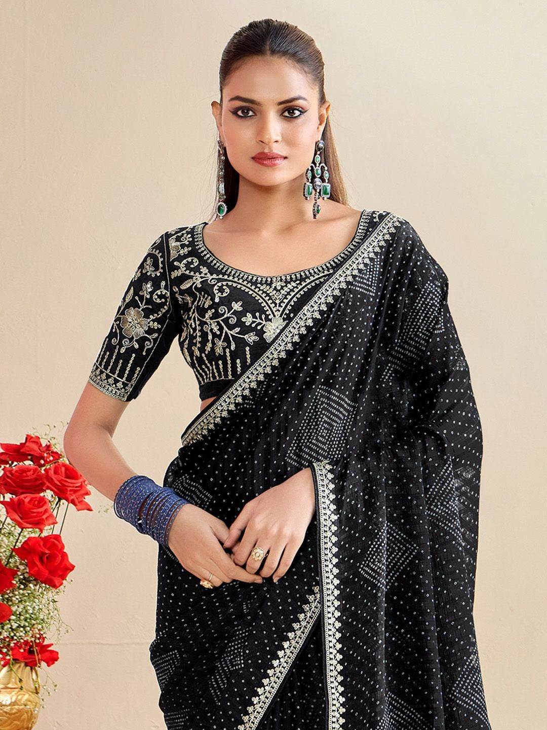 Tarani black moss chiffon silk saree upper body view with embroidered blouse