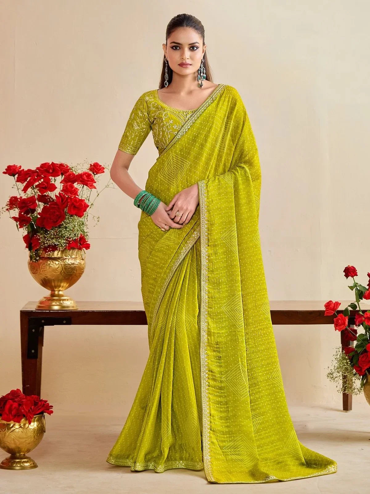 Tarani green moss chiffon silk bandhani saree with embroidered blouse for festive wear