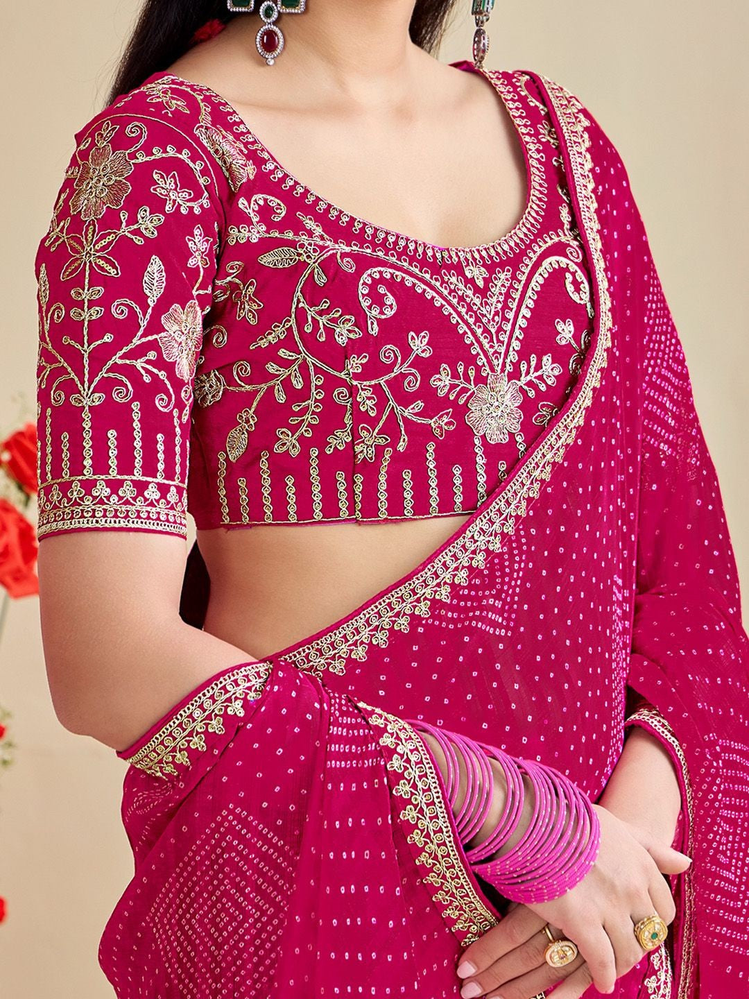 Tarani magenta moss chiffon silk saree blouse close-up with intricate zari embroidery