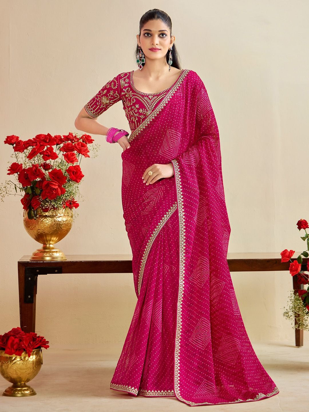 Tarani magenta moss chiffon silk bandhani saree with embroidered blouse and lace border