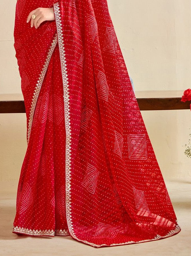 Tarani red moss chiffon silk saree pallu and border view with detailed embroidery and sequins