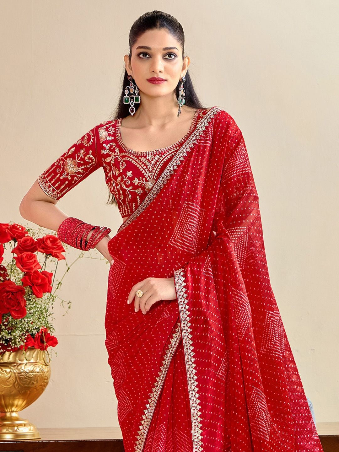 Tarani red moss chiffon silk saree upper body view with zari embroidered blouse and jewelry