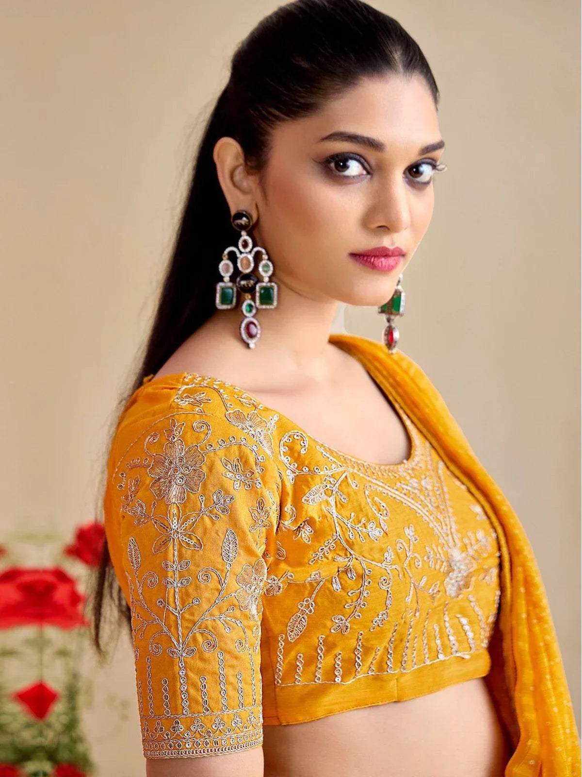 Tarani yellow moss chiffon silk saree blouse embroidery close view