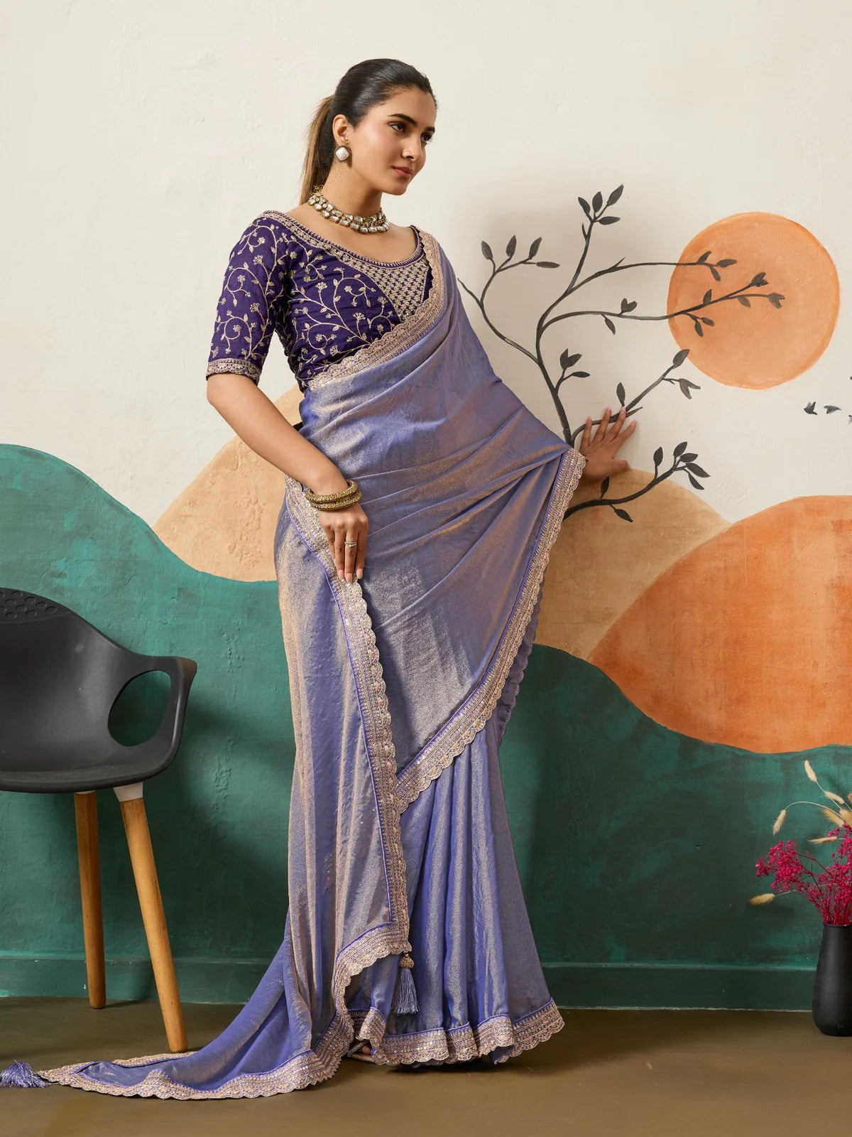 Tarani lavender designer saree with elegant drape and border side view
