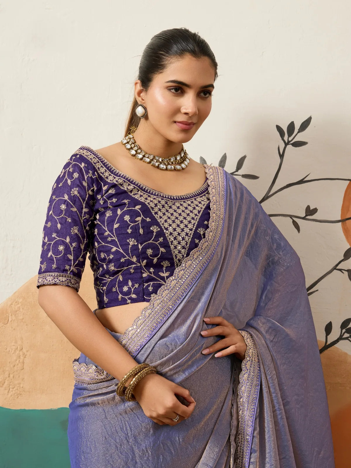 Tarani lavender party wear saree with sequins work blouse upper body view
