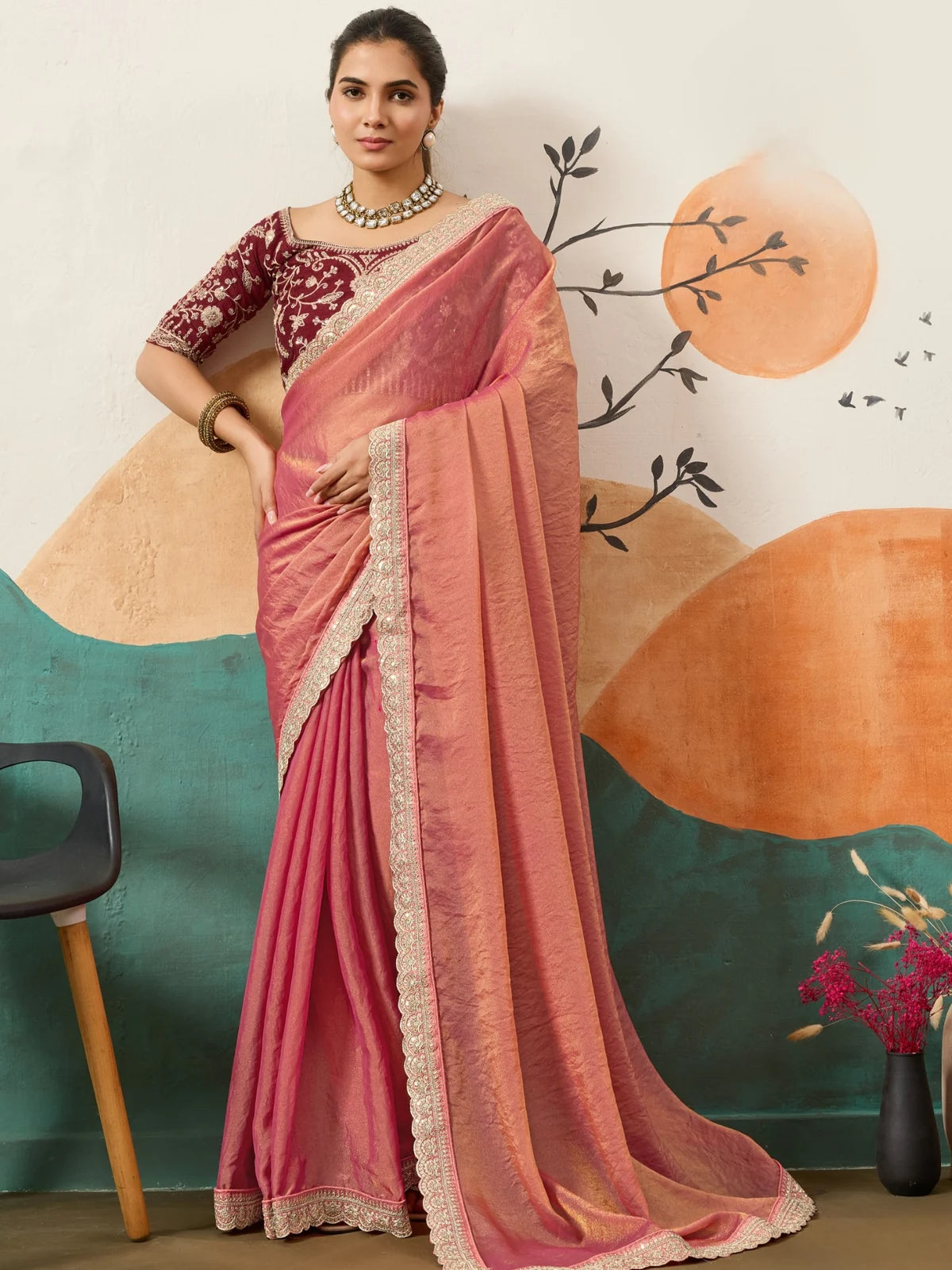 Tarani pink designer moss saree with embroidered blouse for wedding and festive wear full view