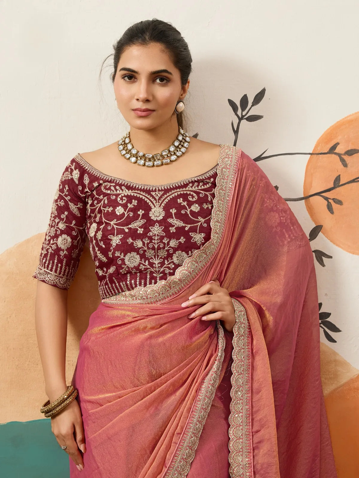 Tarani pink moss saree with sequins work blouse upper body detail for party wear