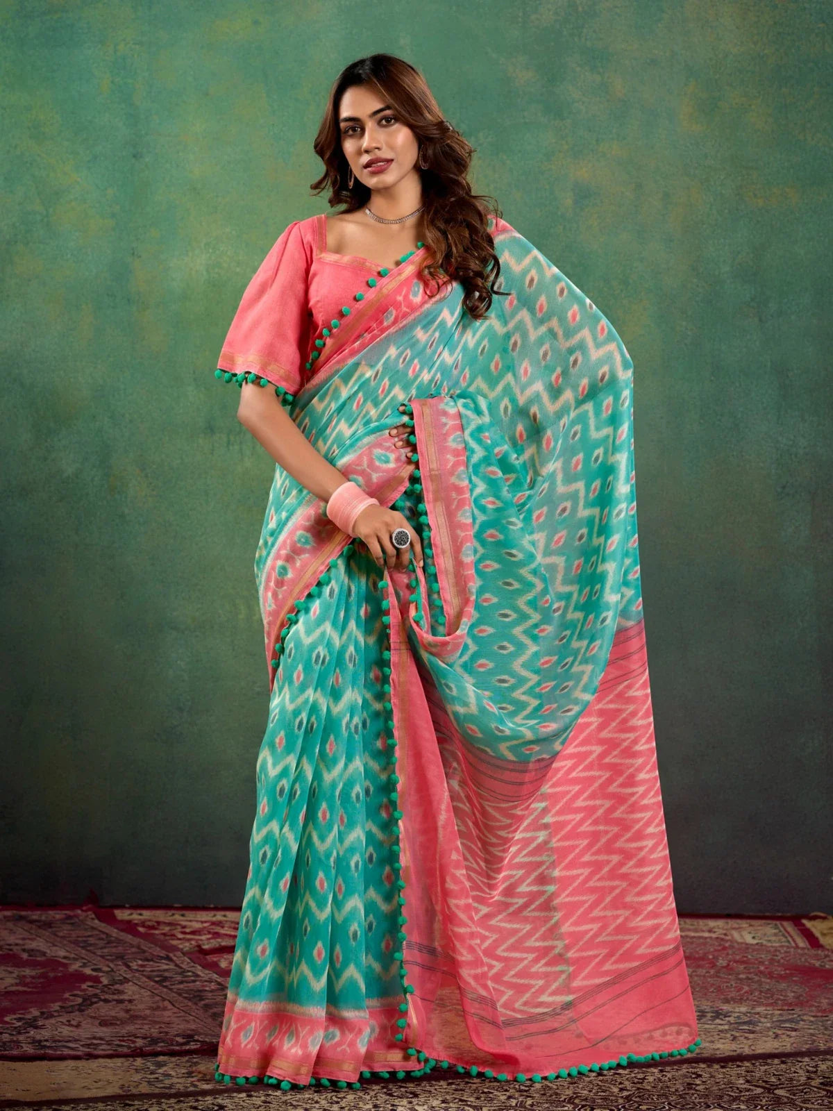 Tarani green and pink mul mul cotton saree full view with matching blouse