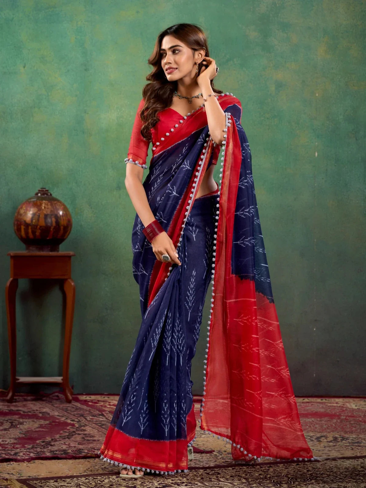 Tarani navy blue mul mul cotton saree full view for festive wear