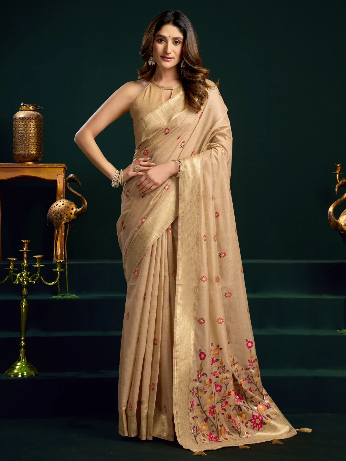 Tarani beige Munga Cotton Mina Work saree with zari border full view for festive and wedding wear
