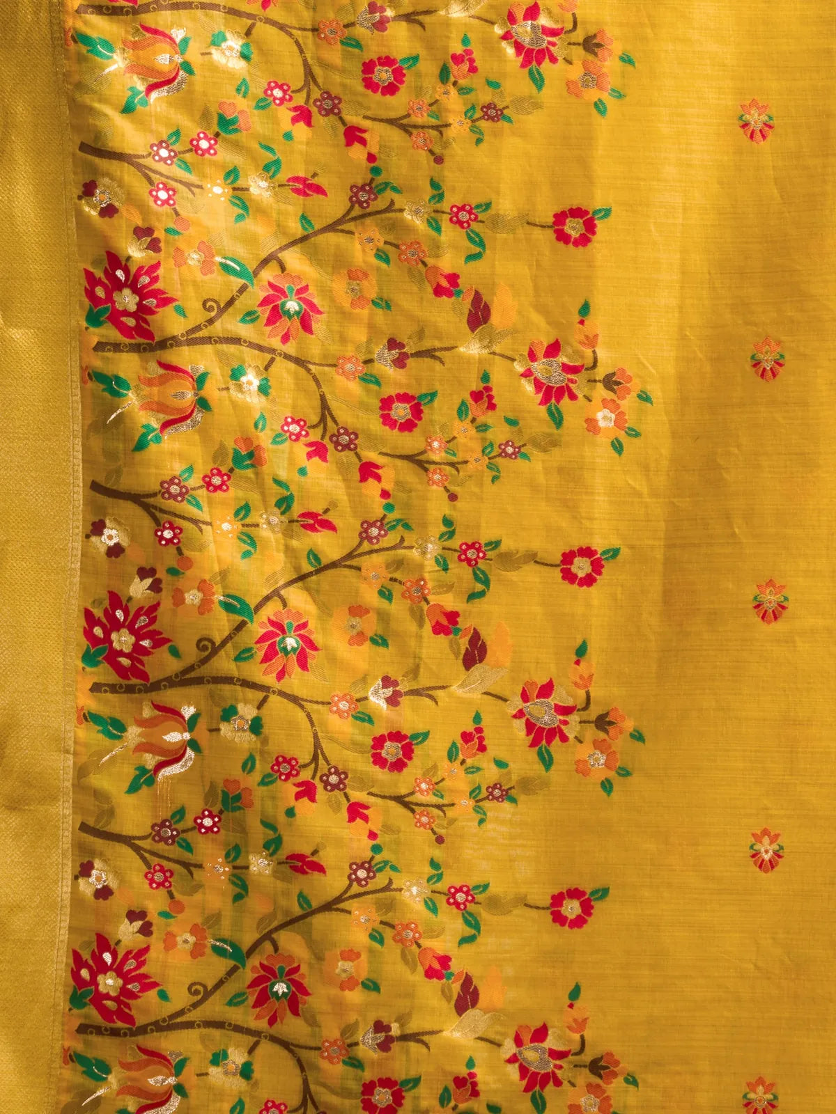 Tarani Pavani mustard Munga Cotton Mina Work saree with zari border closeup view