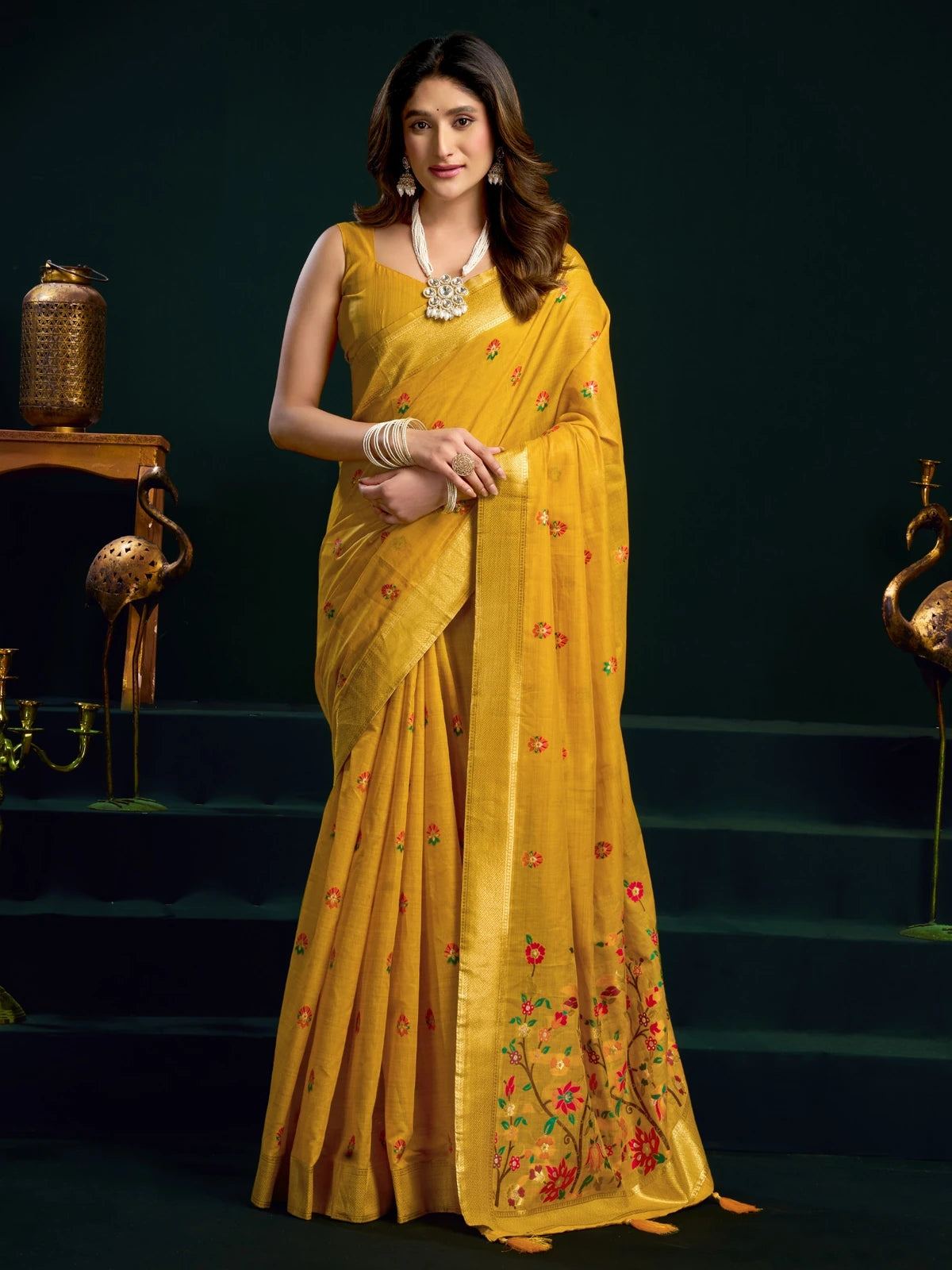 Tarani Pavani mustard Munga Cotton Mina Work saree with zari border full view