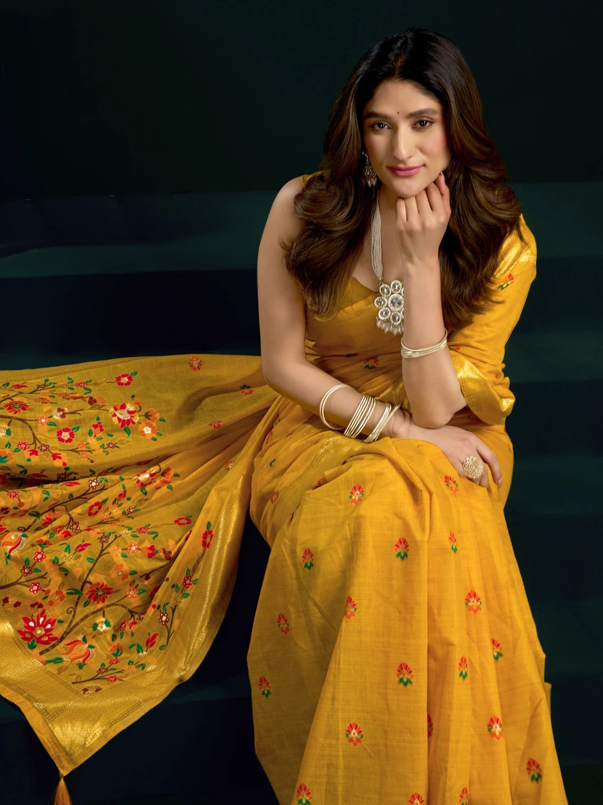 Tarani Pavani mustard Munga Cotton Mina Work saree with zari border pallu view