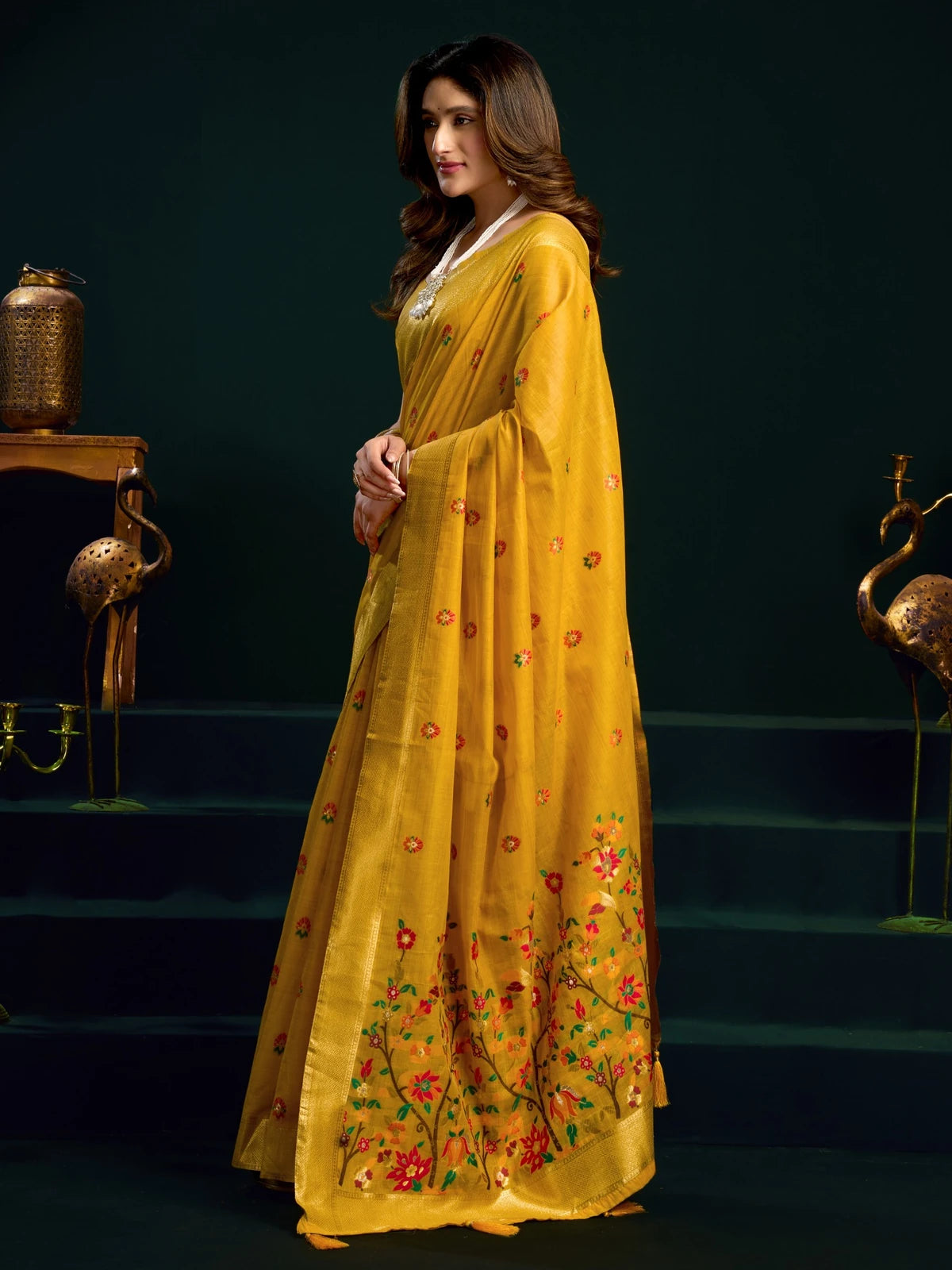 Tarani Pavani mustard Munga Cotton Mina Work saree with zari border side view