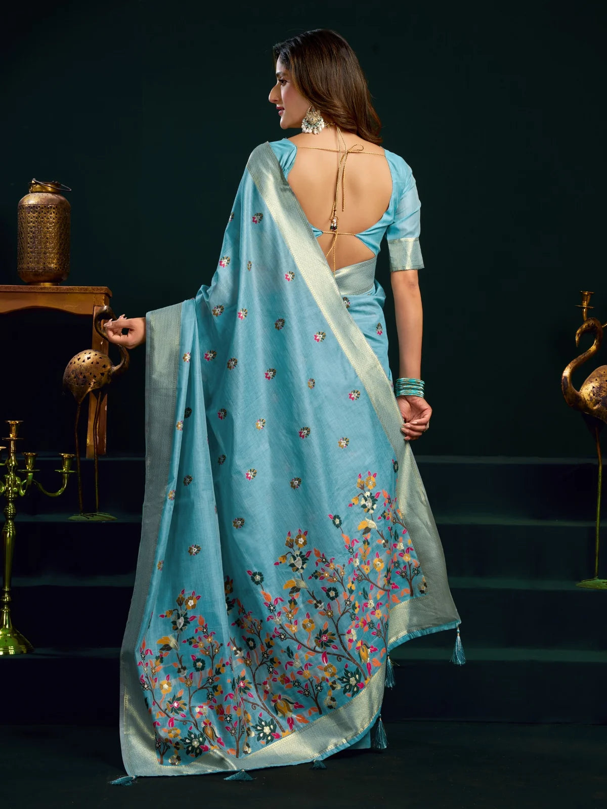 Tarani sky blue Munga Cotton Mina Work saree back view with blouse back design